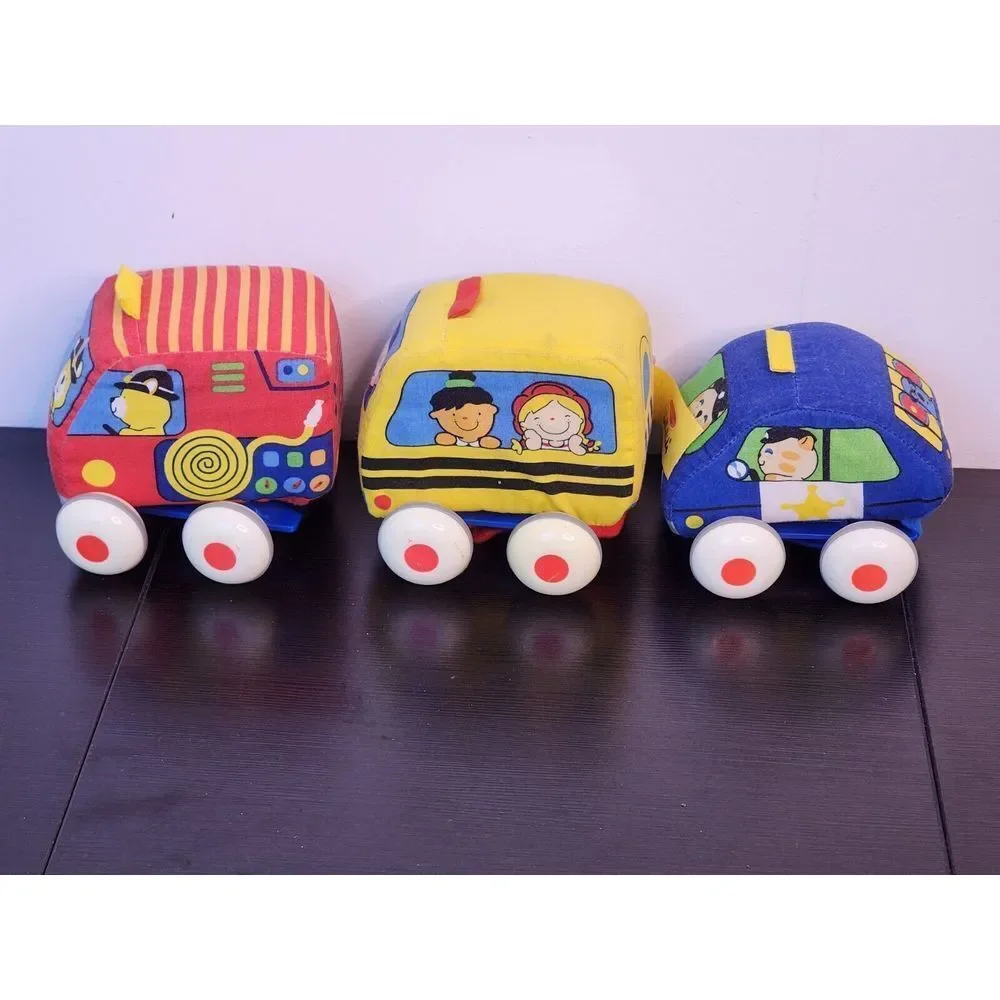 Melissa & Doug Ks Kid Pullback Vehicle Soft Cloth Plush Fire Police Bus Lot of 3